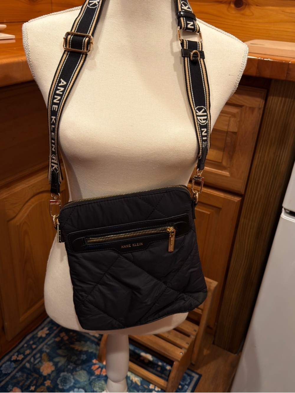 Anne Klein Black Quilted Crossbody with Logo Strap